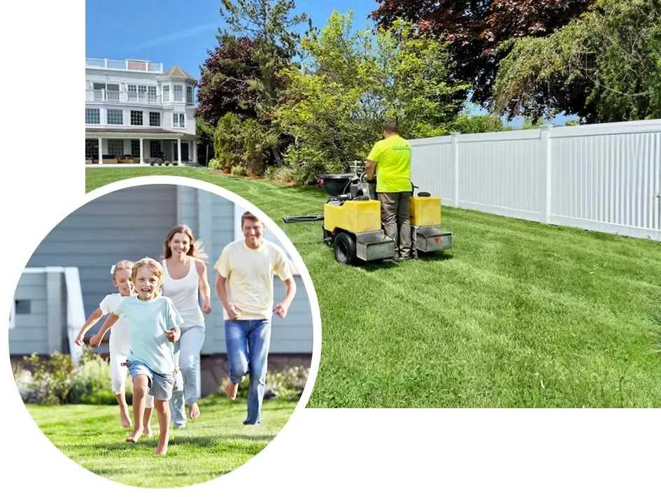 family playing outside - tech working on lawn